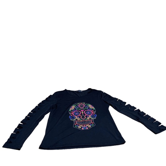 FANCYQUBE Women's black long sleeve top embellished w/Sugar Skull Rhinestones - Picture 6 of 8